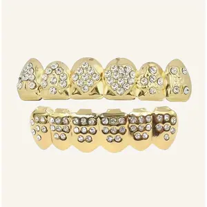 4Pcs Golden Poker Teeth Grillz with Sparkling Cubic Zirconia Stones Hip Hop Rapper Costume Jewelry for Halloween Parties Gifts Copper Material Gothic Style Grillz No Power Needed