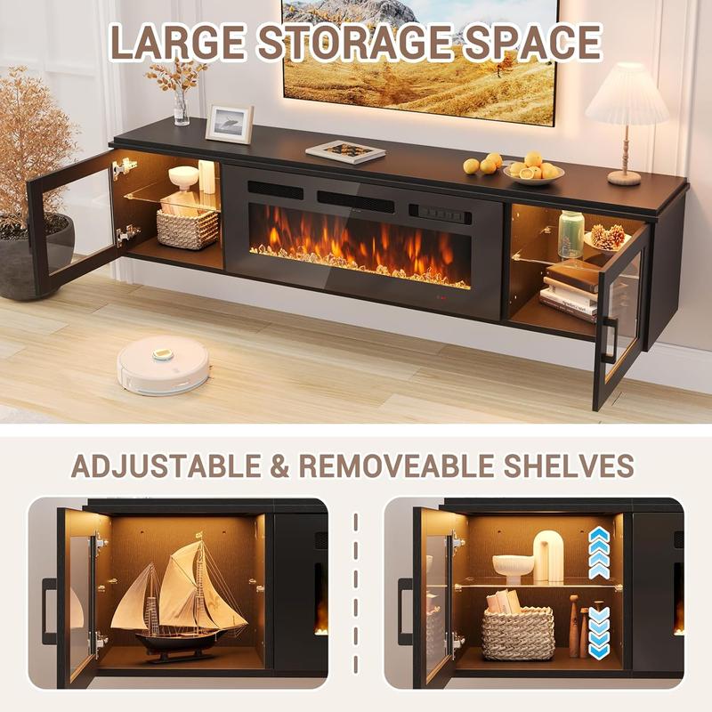 【Ships 2 Packages】oneinmil 70" Floating TV Stand with 36" Electric Fireplace, High Gloss Finish Wall Mounted Fireplace Entertainment Center with Storage for TVs Up to 80", Black TV Stand and Black Fireplace