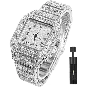 Men’s Diamond Watch Iced Out Watchs CZ 18K Gold Plated Cuban Link Watch Square Dial Quartz Wristband Analog Wrist Watch for Men Women