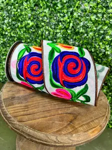 4 Inch By 5 Yard Flower Embroidery Stitches Wired Edge Ribbon