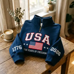 USA 250th Anniversary Embroidered Quarter Zip, America Patriotic 1776–2026 Sweatshirt, American Flag Eagle Hoodie, Varsity Letter Shirt