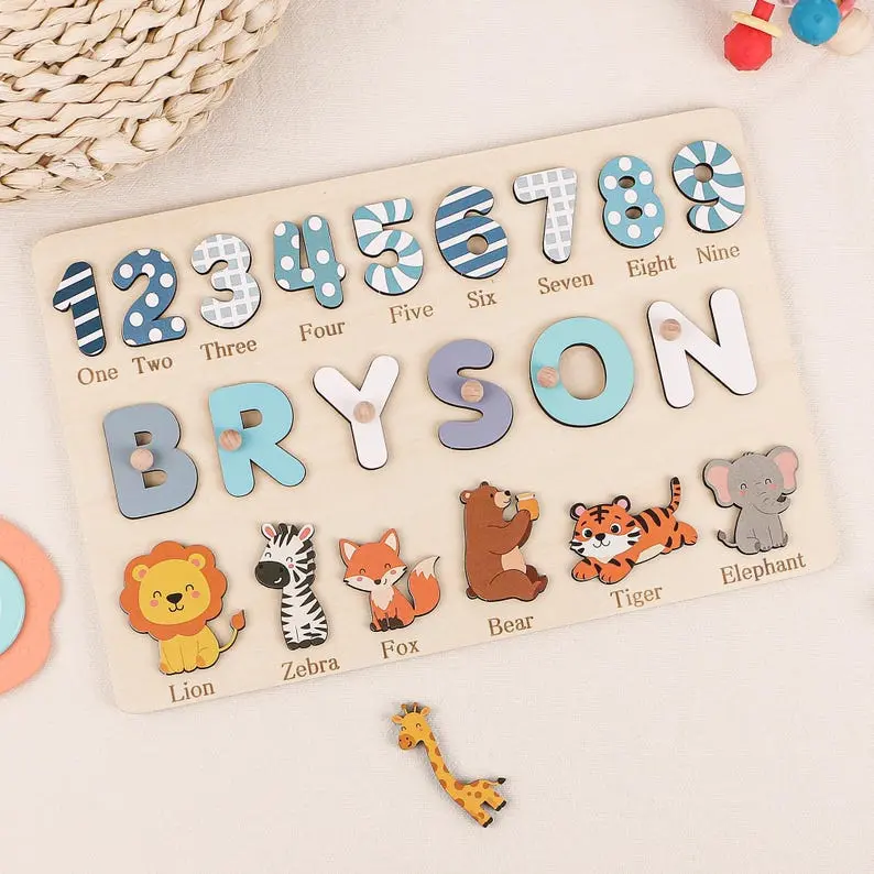 Personalized Wooden Name Puzzle, Personalized baby gift, first day of school sign, kindergarten, Birthday Gift for Kids, Animals & Numbers
