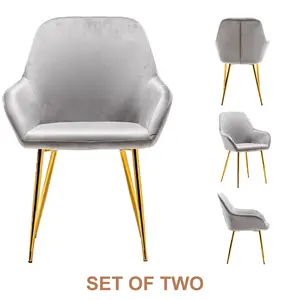BTEXPERT Modern Golden Leg Dark Mid-Back accent chairs for living room set of two, Gray Velvet Leisure Armchair with Gold Plating Legs upholstered Chair