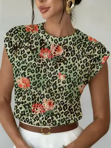 Women's Wild Vintage Leopard Rose Print Round Neck Sweater, Casual Summer Knit Top, Breathable Loose Fit, Hollow Design, All Seasons, Knitwear