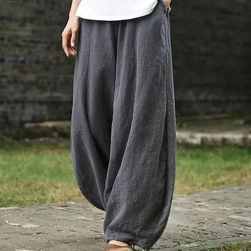 Cotton Linen Bloomers Wide Leg Pants Women Vintage Full Length Fashion Elegent Pants Solid Elasitic Waist Autumn 5XL