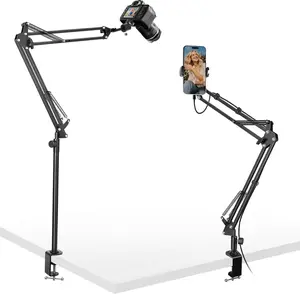 Overhead Camera Mount,Camera Desk Mount with 360 Adjustable Arm and Phone Holder,Max Load-Bearing 5lb,Desk Clamp Stand for Content Creation and Live Streaming,DSLR,Webcam,Mic,Ring Light