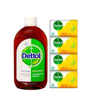 Dettol Antiseptic Liquid 550mL & 4 Fresh Soap 100mL Each - Effective Antiseptic Solution for Home & Personal Use