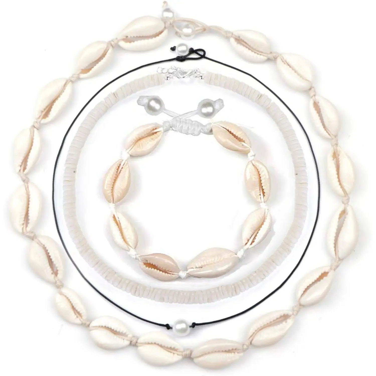 FINREZIO 4-Pcs Beige Handmade Cowrie Shell Jewelry Set, Adjustable Bohemian Hawaiian Surfer Choker, Necklace, Bracelet & Anklet for Women, Ideal for Summer Vacation, Surfing & Daily Wear