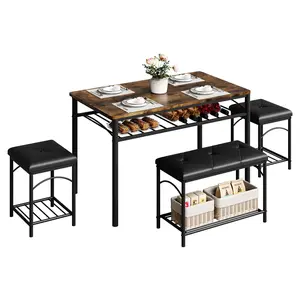 Space-Saving 4-Piece Dining Table Set – Modern Kitchen Table with Upholstered Benches, 2 Stools, Sturdy Metal Frame – Ideal for Small Apartments, Studios & Compact Dining Rooms – Perfect for Breakfast & Family Meals
