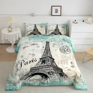 Eiffel Tower Comforter,Chic Retro Paris Theme Luxury Bedding Set,Vintage Paris Cityscape Super Soft Designer Comforter Set,French Teal Duvet Set