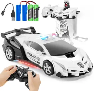 2.4G Remote Control Transformer Car, Rechargeable RC Police Car Toy with Flashing Lights, Convertible Robot & Vehicle, Gift for Kids,Police Transformer Cars for Boys 4-6+ (Black/White)