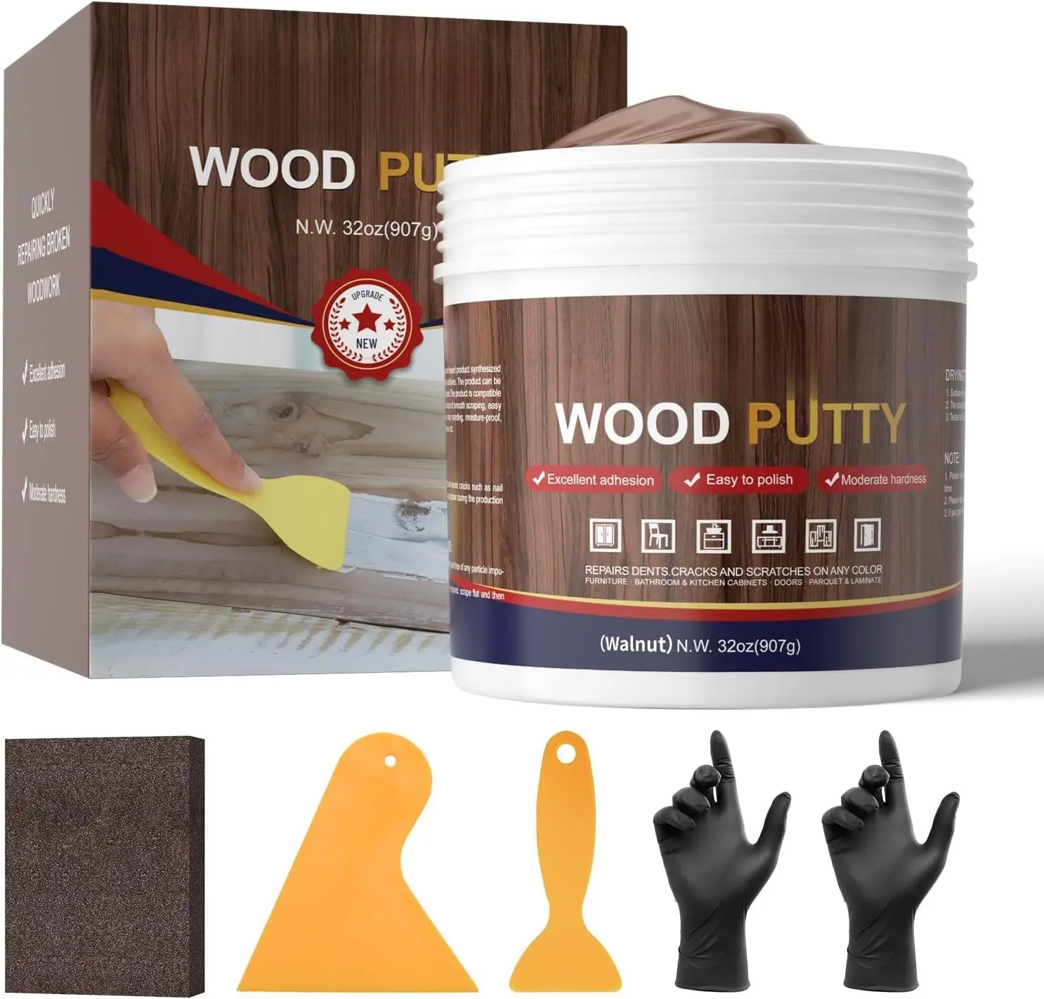 32oz  Filler Putty - Walnut Paintable Furniture Repair Kit for Quickly Fixing Broken and Defective Wooden Items, MQNZ-09