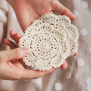 Vintage Floral Crochet Coaster, Hollow Out Round Table Mats, Available In 6 Pieces Set, Elegant Decorative Accessories For Home, Kitchen, Bar And Restaurant Tabletops