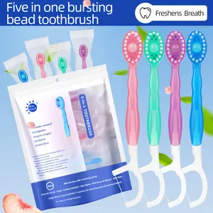 26-Pack 5-in-1 Bursting Bead Toothbrushes, Disposable Mini Travel Toothbrush with Soft Bristles, Toothpick & Floss All-in-One