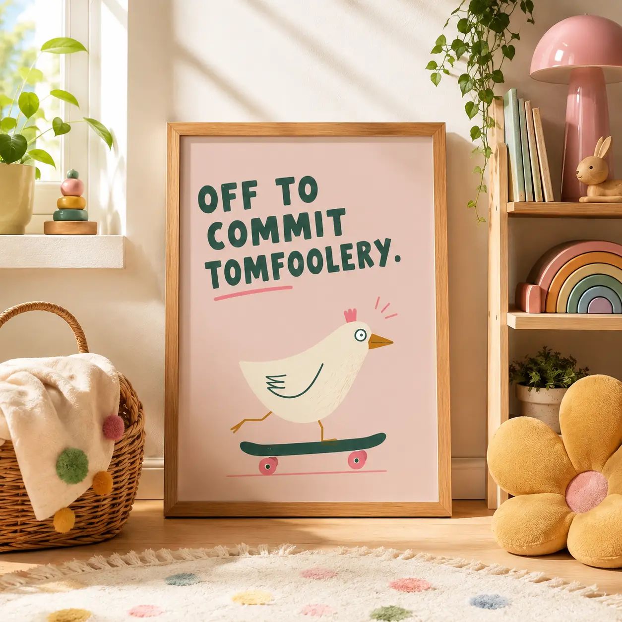 Funny Chicken Poster, Off to Commit Tomfoolery Wall Art, Skateboard Chicken Print, Whimsical Kids Room Decor