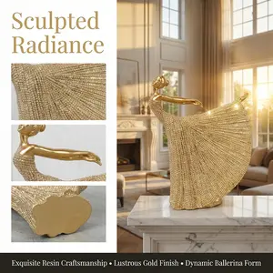 Golden Ballerina Resin Statue, Beaded Textured Dancer Decor, Luxury Art Figurine, Modern Home Accent, Tabletop Shelf Ornament