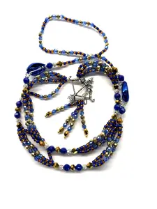 Oshosi Mace Necklace – Luxury Gala Eleke with Bow and Arrow Charm – Santeria Tool for Orisha Ochosi – Blue, Amber, Silver, and Gold Crystal Beads