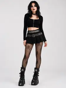 Gothic Dark Hollow Fishnet Tights, Skull Pattern Black Pantyhose, Stretch Mesh for Alt Girls & Festival Looks