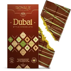 Royale Chocolatier Large Dubai Chocolate Bar (200 gr)|Grade-A Pistachio and Knafeh | Gooey Filling | Coverture Cocoa Butter | White Chocolate Drizzle | No Preservatives or Artificial Coloring