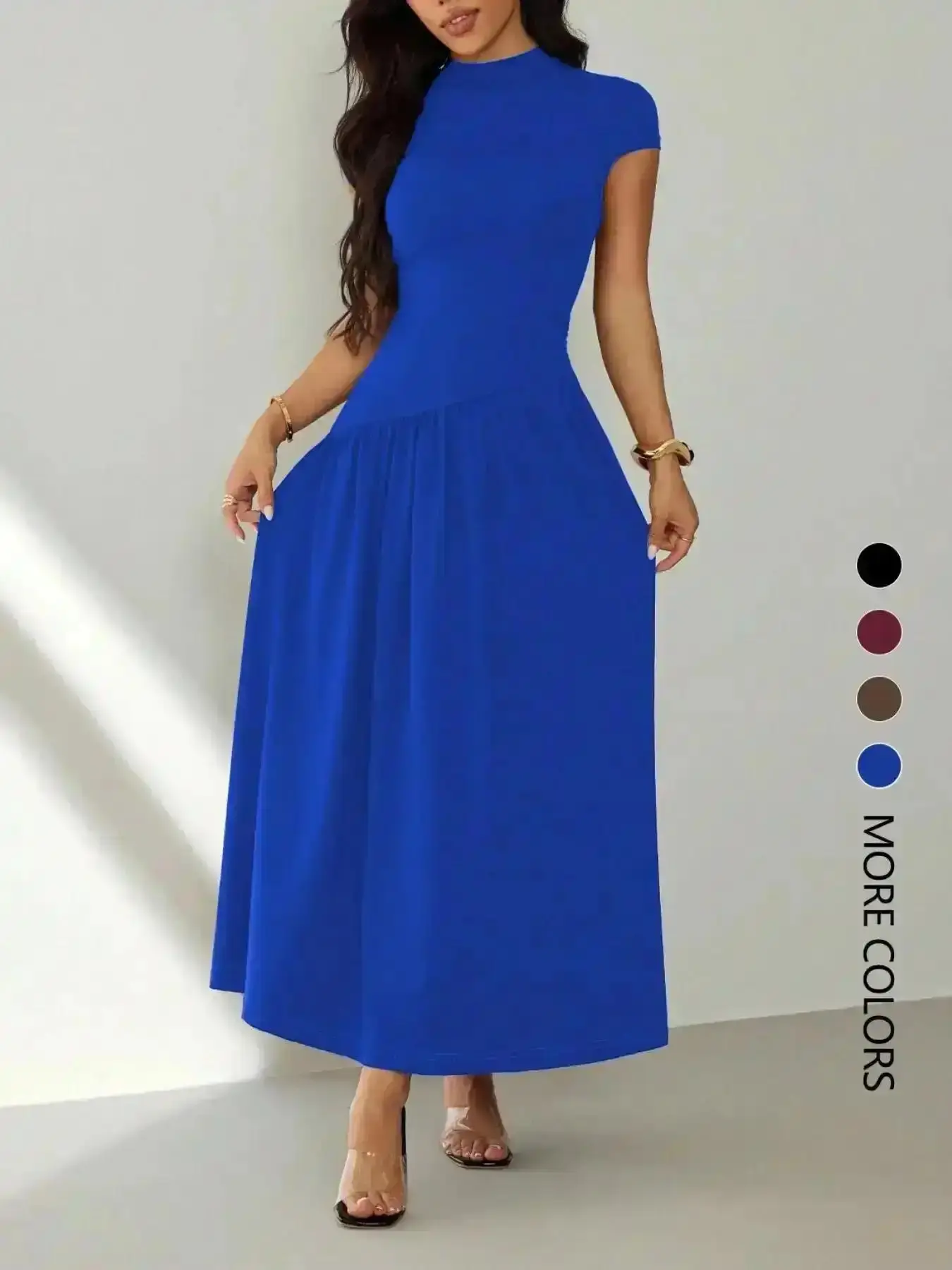 Classic Women's short-sleeved Round neck pleated slim-fit elegant Minimalist Chic casual dress, perfect for dates, parties, clubs, and commuting, Womenswear, Date Night, Club Wear, Party Outfit, Poolside, Cocktail Attire