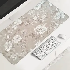 Extra Large floral patterned gaming mouse pad, elegant beige desktop protection pad, anti-slip rubber lock edge high-definition printing, suitable for computers, laptops, offices, homes, schools, as a gift for family and friends, Desk Accessories
