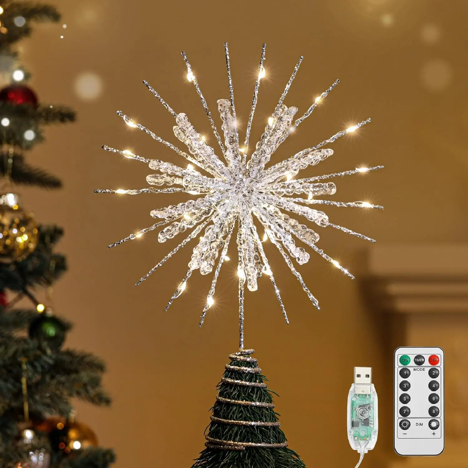 Moko Christmas Snowflake Tree Topper Light, Remote&USB Powered Snowflake Treetop, Xmas Tree Topper with Glittered Epoxy&30 LED Bulbs, Christmas Tree Decor for Home Party, 6H Timer&8 Modes,Silver