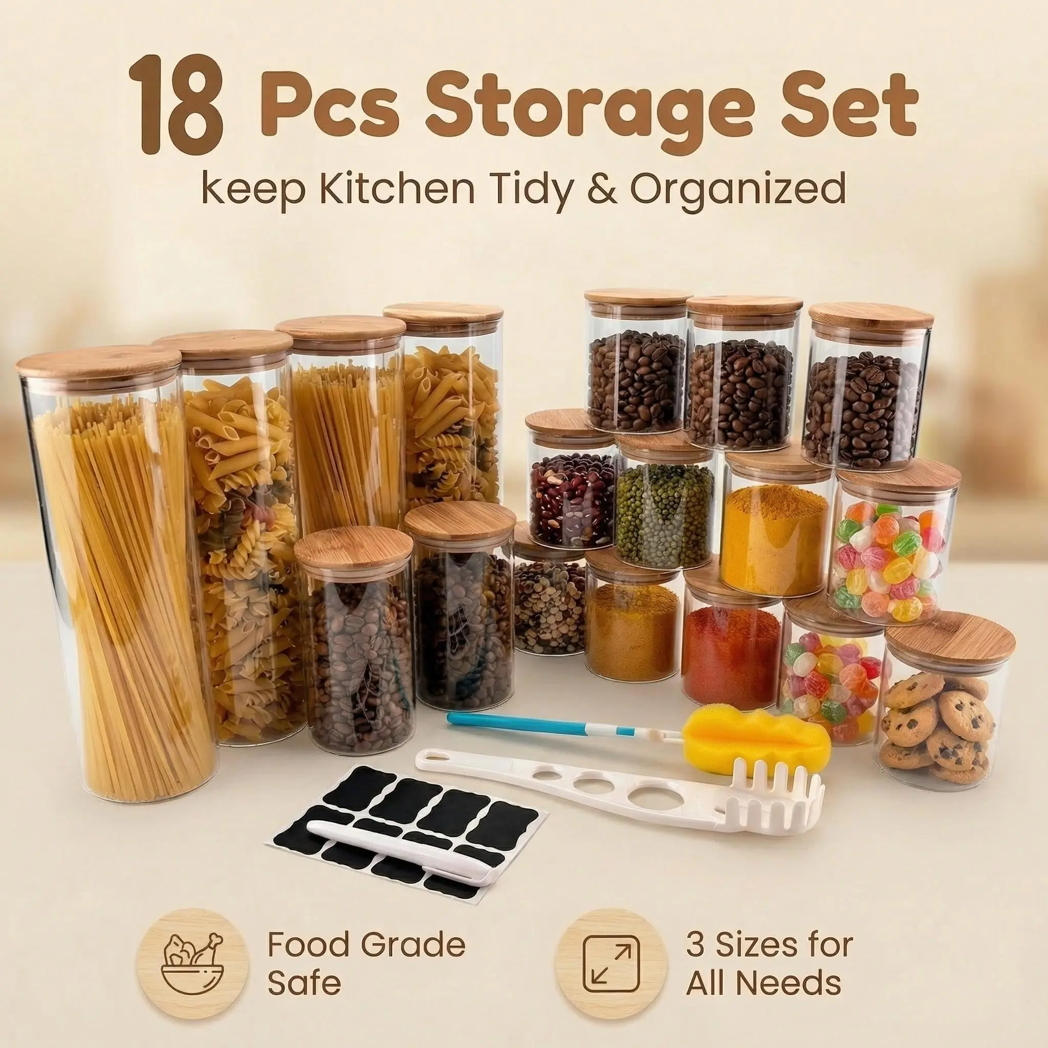 18-Piece Wide-Mouth Transparent Glass Food Storage Containers Set - 14x2210ml, 2x850ml, 12x490ml Kitchen Preserving Containers for Storing Coffee Beans, Noodles