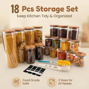 18pc glass cans, 14piece: 2210ml (76 ounces), 2 pieces 850ml (28 ounces), 12 pieces 490ml (16.5 ounces); wide-mouth transparent glass food storage container, which can be used to store coffee beans, noodles, nuts and other glass kitchen utensils;