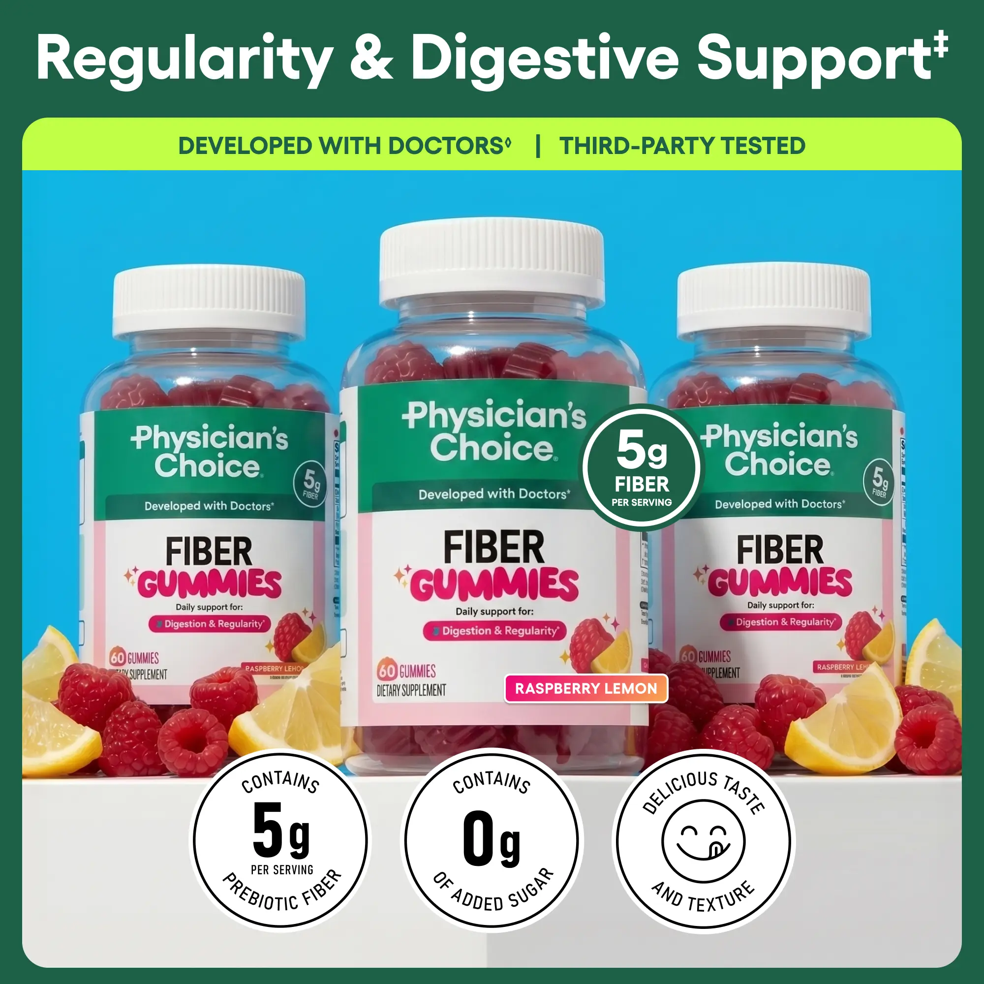 Physician’s Choice Fiber Gummies 3-Pack: Digestive Health & Regularity - Raspberry Lemon Flavor - No Sugar Added & Vegan - Daily Gummy for Adults Physician’s Choice Fiber Gummies 3-Pack: Digestive Health & Regularity - Raspberry Lemon Flavor - No Sugar Added & Vegan - Daily Gummy for Adults