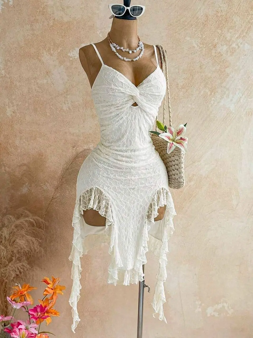 Women's Elegant Summer Dress, Twist Front Asymmetric Hem Midi Dress, Spaghetti Strap Outfit for Beach, Holiday, Wedding Guest & Bridesmaid