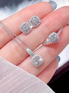 Three-Piece Elegant Luxury Zircon Necklace Earrings Ring Set, Full Diamond Rhinestone Decorative Jewelry, Trendy Collarbone Chain, Glamour Set