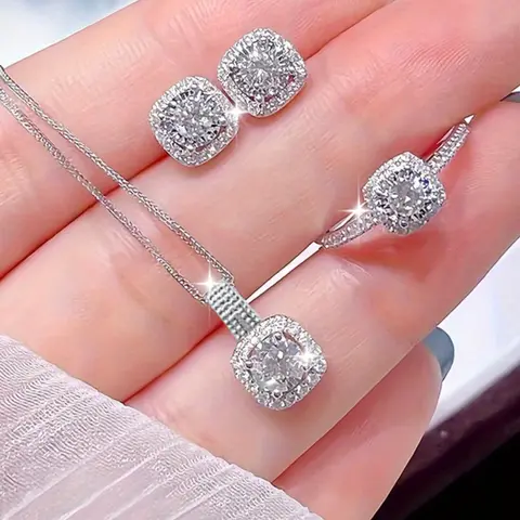 Three-Piece Elegant Luxury Zircon Necklace, Earrings & Ring Set, Rhinestone Decorative Jewelry, Trendy Choker Chain, Glamorous Accessories