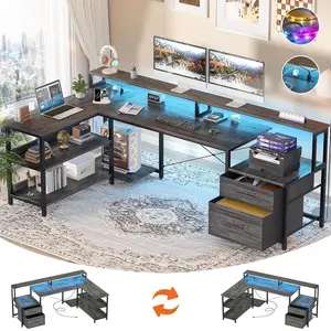73" Reversible L Shaped Computer Desk with Power Outlet & LED Strip,Gaming Desk with Monitor Stand,Office Desk with File Drawer and Storage Shelves