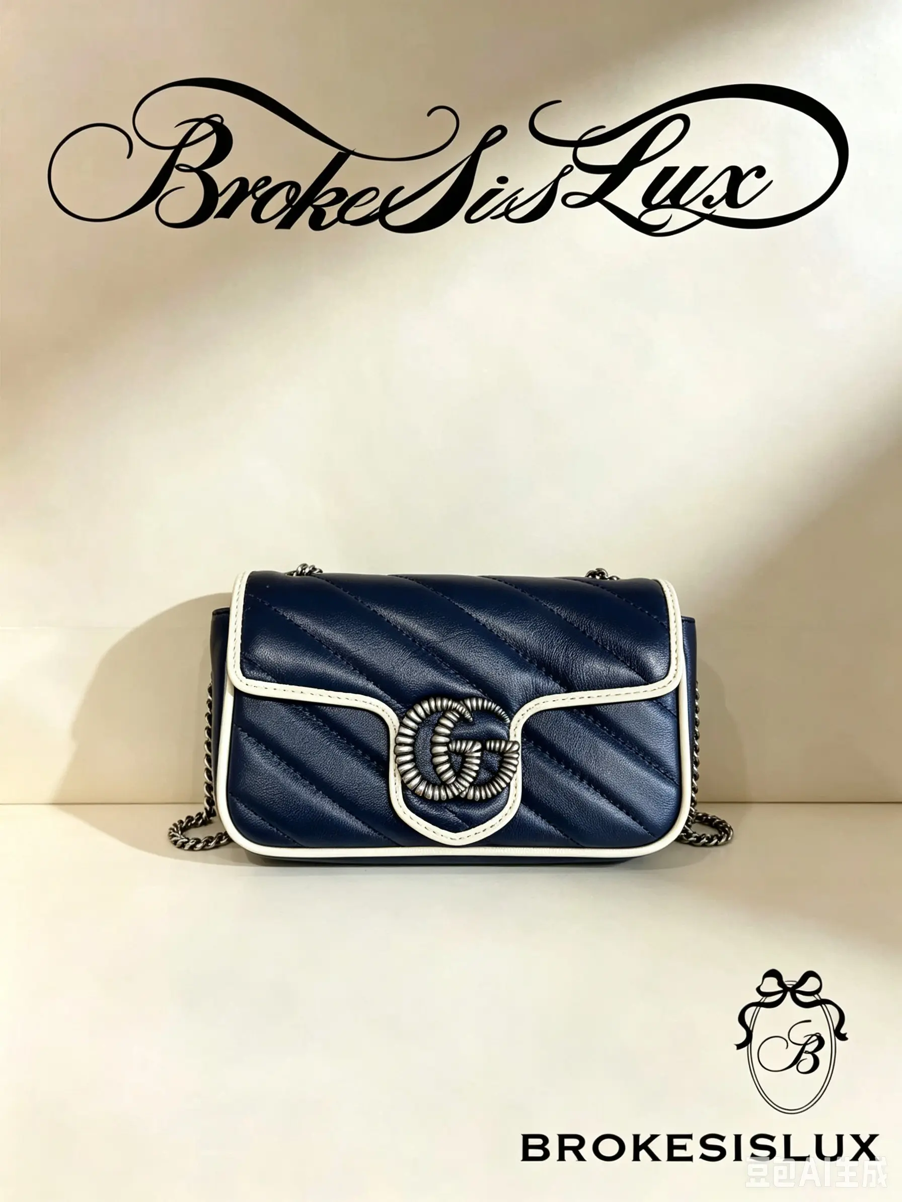 Pre-owned GUCCI GG Marmont Mini Crossbody Bag, Navy Blue Smooth Calfskin, Diagonal Chevron Quilting, White Leather Piping, Aged Silver Double G Hardware