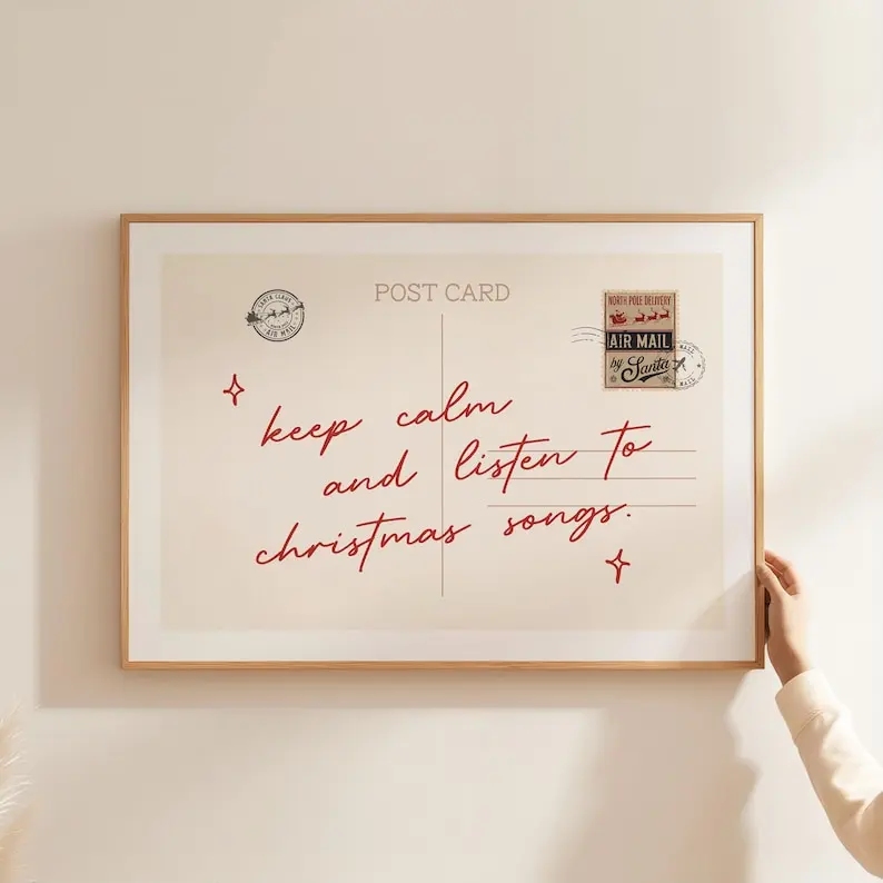 Keep calm and listen to christmas songs print, holiday wall art, trendy christmas art, Vintage Postcard Poster, Retro Xmas Decor, poster [NO FRAMED]