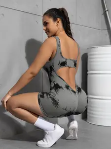 Tie Dye Sporty Bodysuit with Back Cut-Out, Summer Fitness Jumpsuit for Women, Above the Knee Fitting Gym for Young Adults, Workout Jumpsuit, Backless Sports Jumpsuit