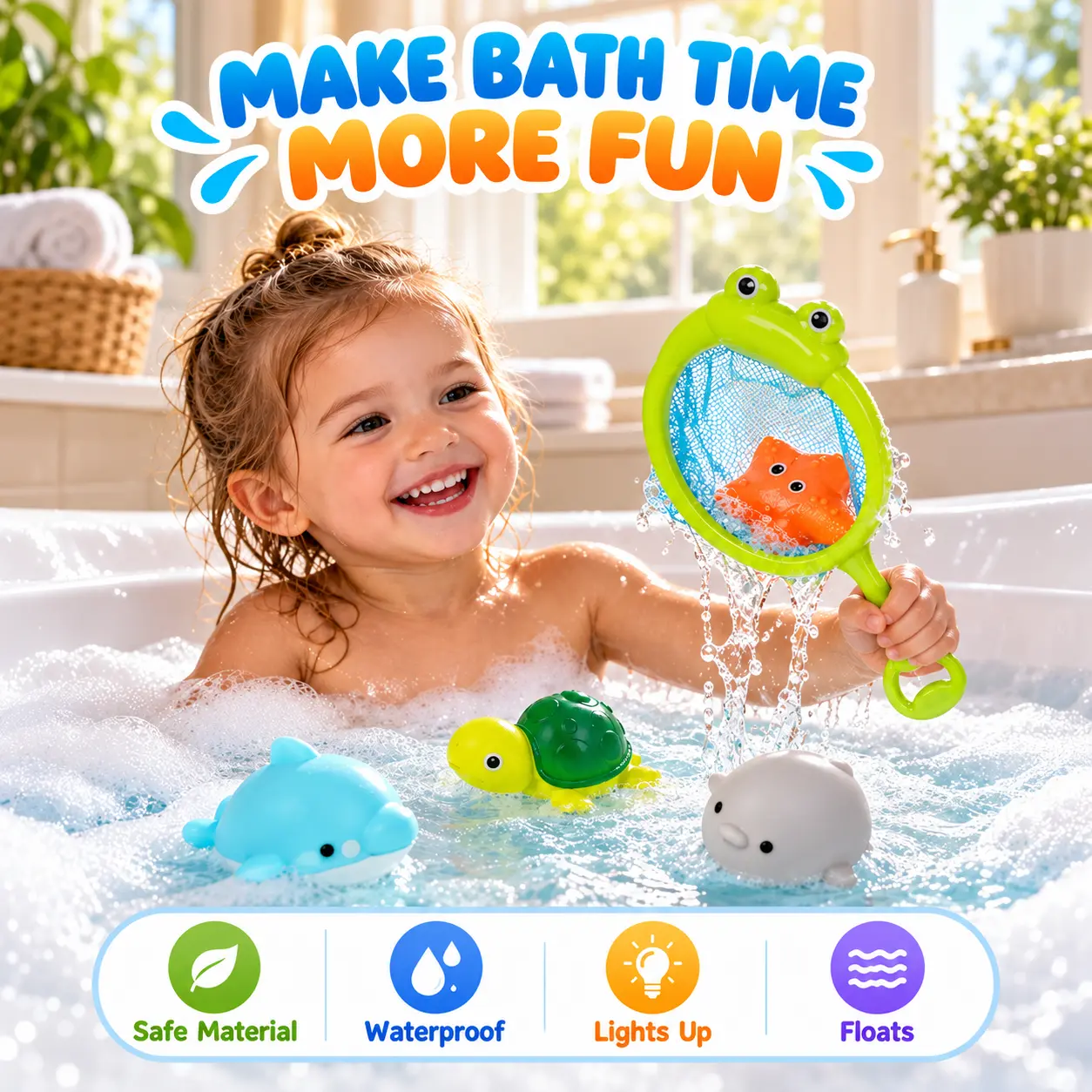 Ocean Bath Toys for Toddlers, 5 PCS Light Up Floating Sea Animal Toys with Frog Fishing Net, Water Activated LED Bath Toys, Birthday Gifts for Kids