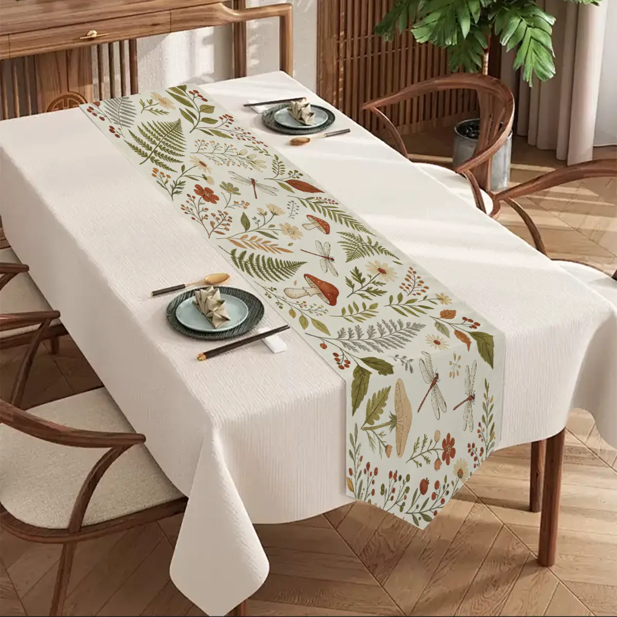 Neutral Vintage Botanical Table Runner, Dragonfly Wild Daisy Fern Mushroom Floral Print Table Scarf, Cottagecore Farmhouse Long Dresser Runner, Washable Fabric Table Decor for Dining Room Kitchen Cabinet Home Aesthetic sohochic