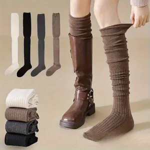 4 Pairs Four Season Women's High Tube Thin Long Stacked Socks Pile Socks, Plus Size Women's Calf Socks High Elasticity Thick Leg Socks No Pattern Solid Color Splicing Socks