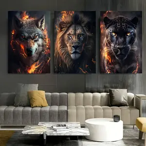 3pcs Fire Background Animal Portraits Canvas Prints Wolf Lion Leopard Posters Modern Home Office Living Room Bedroom Wall Art Decor