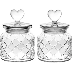 Set of 2 Airtight Glass Jars Decorative Jars, 22oz Jar of Hearts Cute Cookie Jar Decorative Jars with  Candy Jars for Candy Buffet Heart Shaped Lid (Grid Textured)