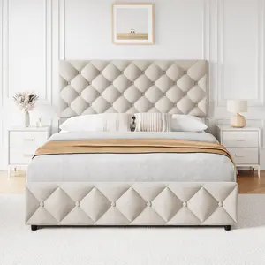 Queen Size Bed Frame with 4 Drawers and Headboard, Tufted Design, Linen Upholstered Platform Bed Frame, Wooden Slat, No Box Spring Need, Beige