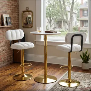 Bar Stools Set of 2, Pu Leather Upholstered Adjustable Swivel Bar Stools with Backs, Modern Counter Height Bartools with Chrome Base & Footrest for Kitchen Counter, Living Room, White+Gold