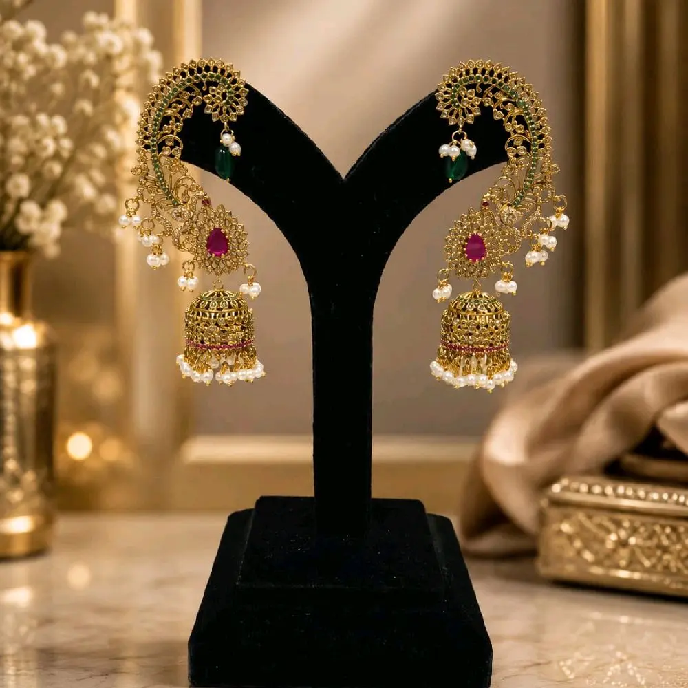 Semi-Bridal Antique Gold Ear Cuff Earrings - Multicolor