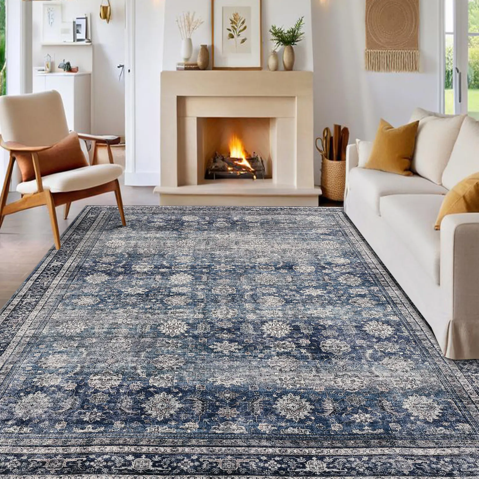 Washable Vintage Area Rug for Bedroom Living Room, Distressed Floral Print Non Slip Dining Room Rugs Retro Accent Non Shedding Floor Carpet Low Pile Ultra Thin Oriental Throw Rugs for Nursery Playroom