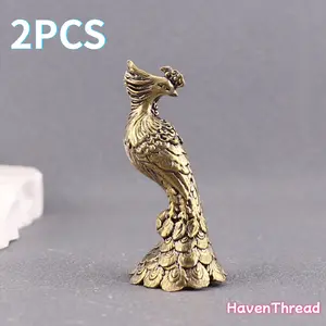 2pcs Brass Phoenix and Small Peacock Figurines, Home Decor Statues for Living Room, Desktop - Home Supplies, Gifts for Adults