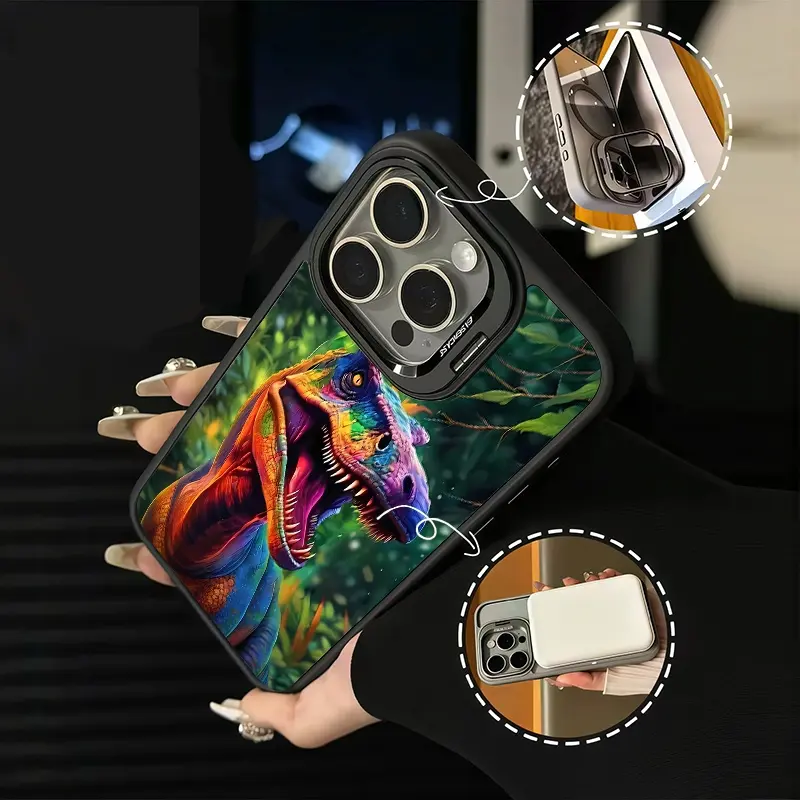 Jurassic Tyrannosaurus Rex Shockproof TPU Phone Cover, Cool Magnetic Durable Case with Metal Lens Frame, Protector Film, Bracket Stand, Camera Holder for iPhone 17 AIR 16 15 14 13 12 11 PRO PLUS MAX (11X-L0442) - Full Protection Cellphone Accessory Gift,
