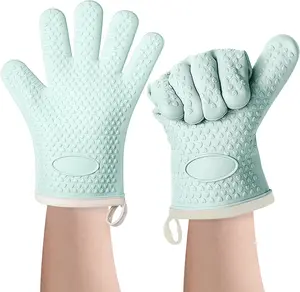 Silicone Oven Mitts Heat Resistant 450 Degrees Non-Slip Oven Gloves with Fingers Cotton Silicone Blend for Safe Hot Dish Handling