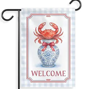 Chinoiserie Crab Welcome Garden Flag, Polyester Rectangular Fade-Proof Multi-Size Double-Sided Outdoor Decor for Lobster Seafood Boil Parties