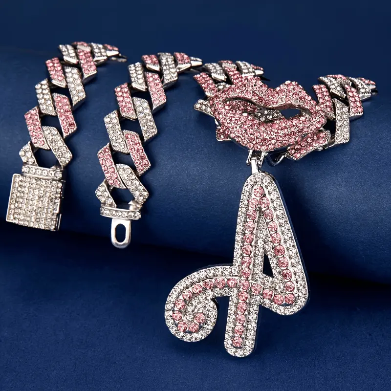 Hip-hop 26 Initial Letter Pendant With Cuban Chain Necklace For Men And Women Y2K Pink Jewelry Gift For Cool Girl
